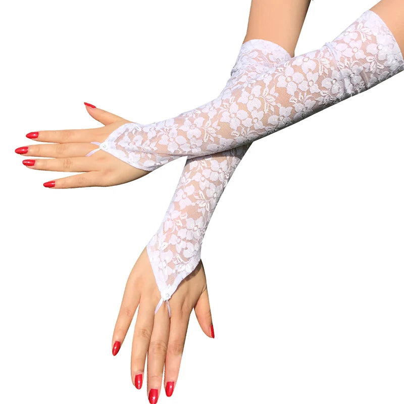 1 Pairs Women Gloves Elbow Length Long Lace Gloves Arm Elbow Gloves Sexy Floral Print Fingerless Lady Mitten Dress Accessories