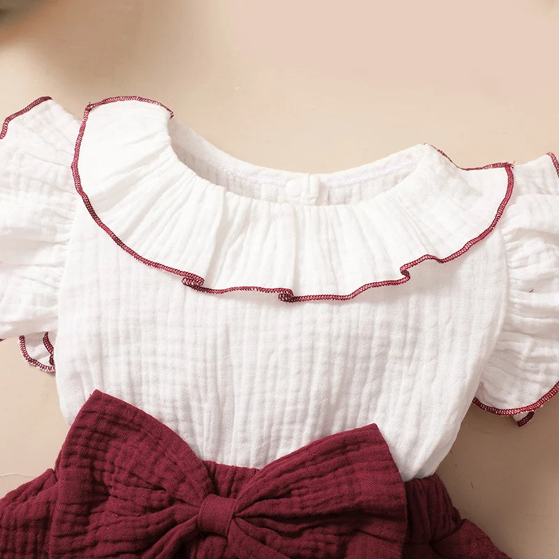 Toddler Girls Sweet Dress Set Contrast Color Ruffled Round Collar Flying Sleeve A-line Cake Dress + Headband