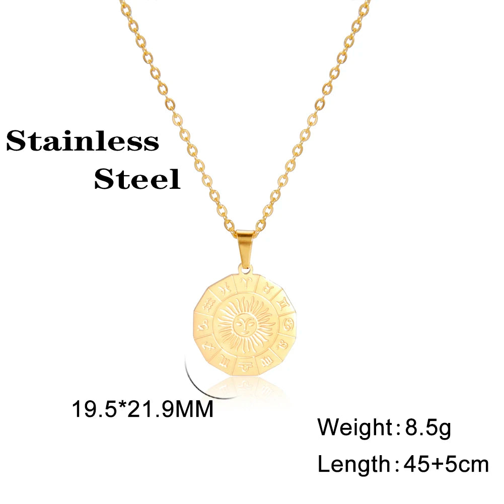 Lucktune Sun Zodiac Pendant Necklace Stainless Steel Libra 12 Constellation Chain Choker for Women Vintage Jewelry Birthday Gift