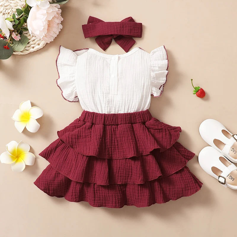 Toddler Girls Sweet Dress Set Contrast Color Ruffled Round Collar Flying Sleeve A-line Cake Dress + Headband