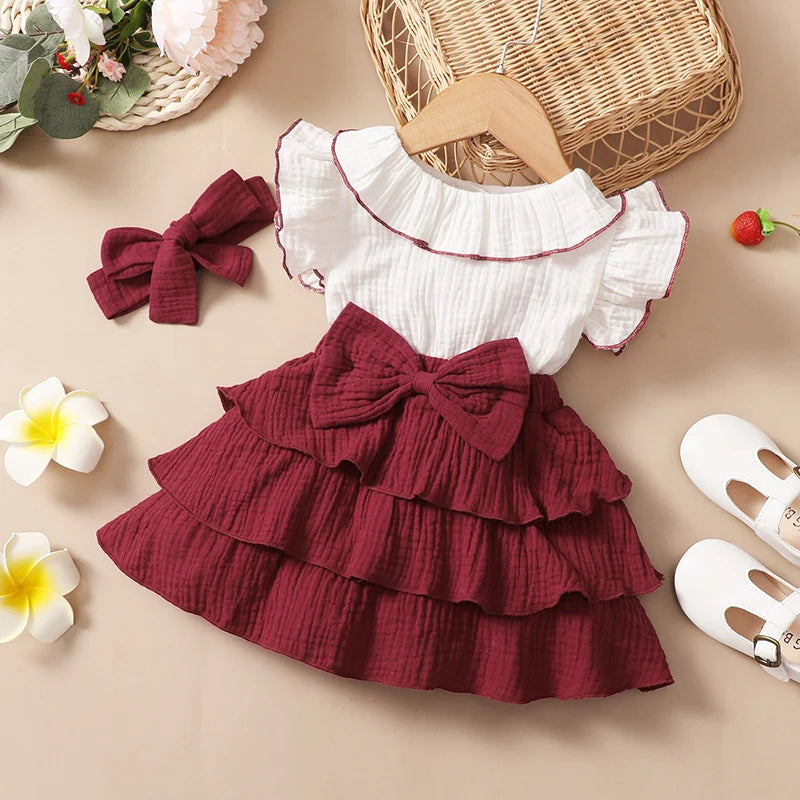 Toddler Girls Sweet Dress Set Contrast Color Ruffled Round Collar Flying Sleeve A-line Cake Dress + Headband