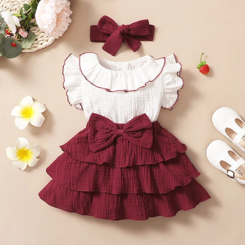 Toddler Girls Sweet Dress Set Contrast Color Ruffled Round Collar Flying Sleeve A-line Cake Dress + Headband