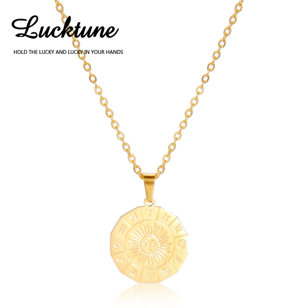 Lucktune Sun Zodiac Pendant Necklace Stainless Steel Libra 12 Constellation Chain Choker for Women Vintage Jewelry Birthday Gift