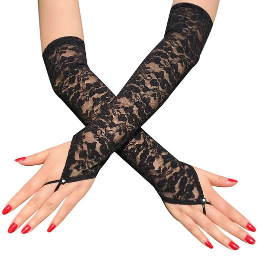 1 Pairs Women Gloves Elbow Length Long Lace Gloves Arm Elbow Gloves Sexy Floral Print Fingerless Lady Mitten Dress Accessories